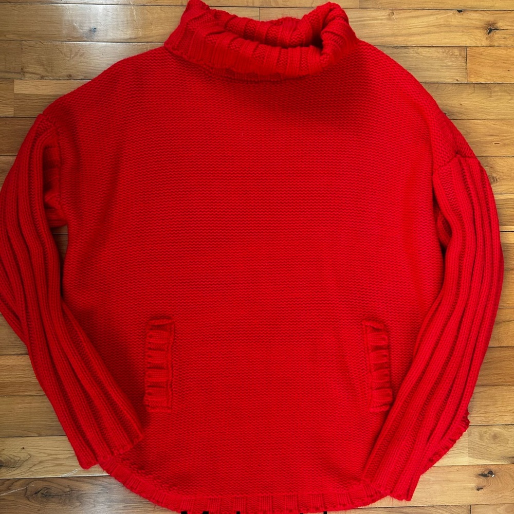 Red Turtleneck Knit Sweater - Women's Cozy Pullover